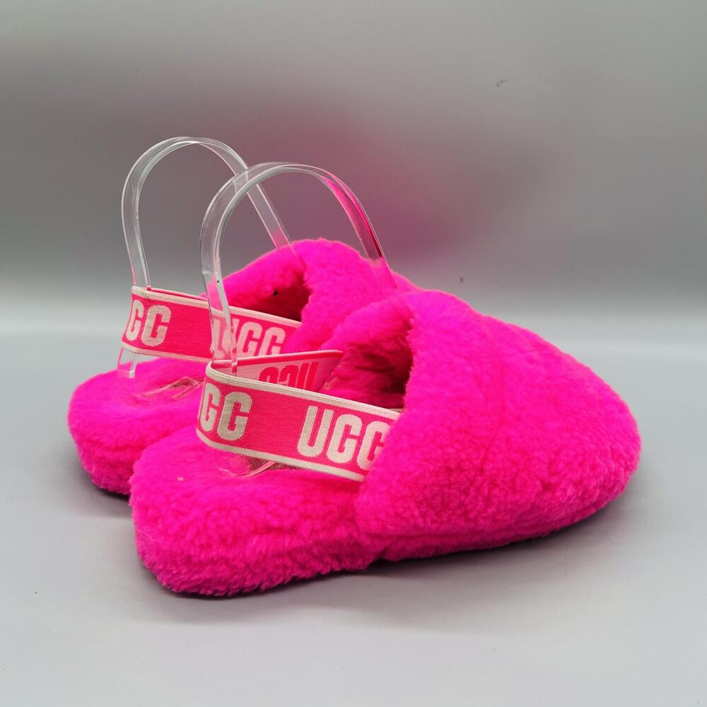 UGG Shoes Womens 7 Pink Shearling Fluff Yeah Slide Slingback Logo Strap Slippers - Picture 7 of 11